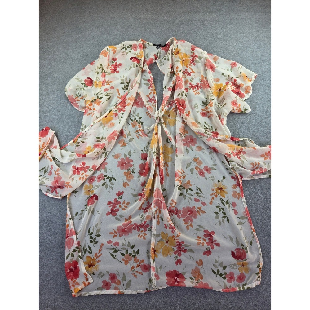 Ambiance Floral Sheer Chiffon Kimono Cover-Up M Open Front Duster Yellow Red